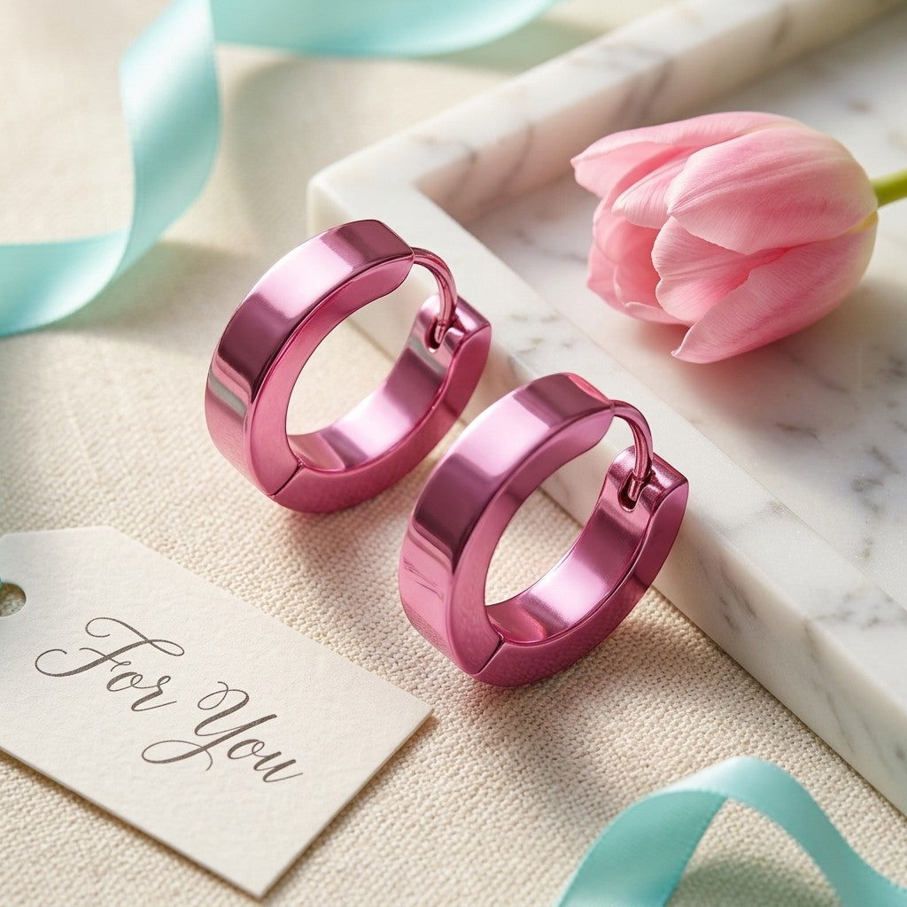 Aramat Jewels stainless steel hoop earrings with a shiny pink finish, 14mm diameter.