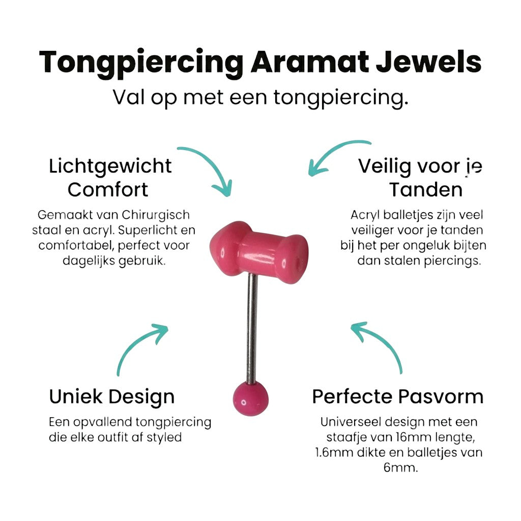 Aramat Jewels pink acrylic novelty tongue piercing with a silver barbell. Features a phallic-shaped top and a round bottom ball.