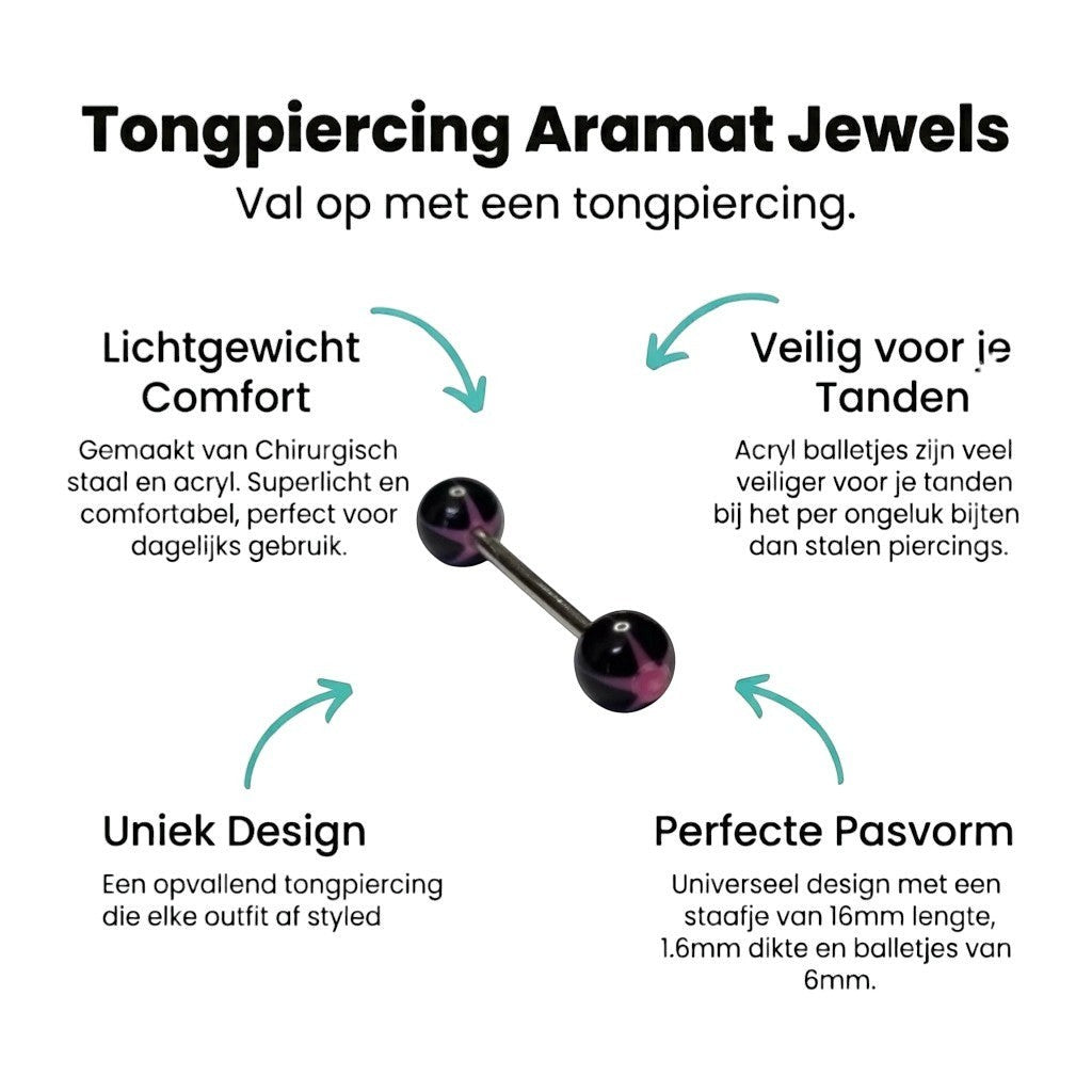Aramat Jewels black and pink acrylic star tongue piercing. Features a 16mm bar with 1.6mm thickness.