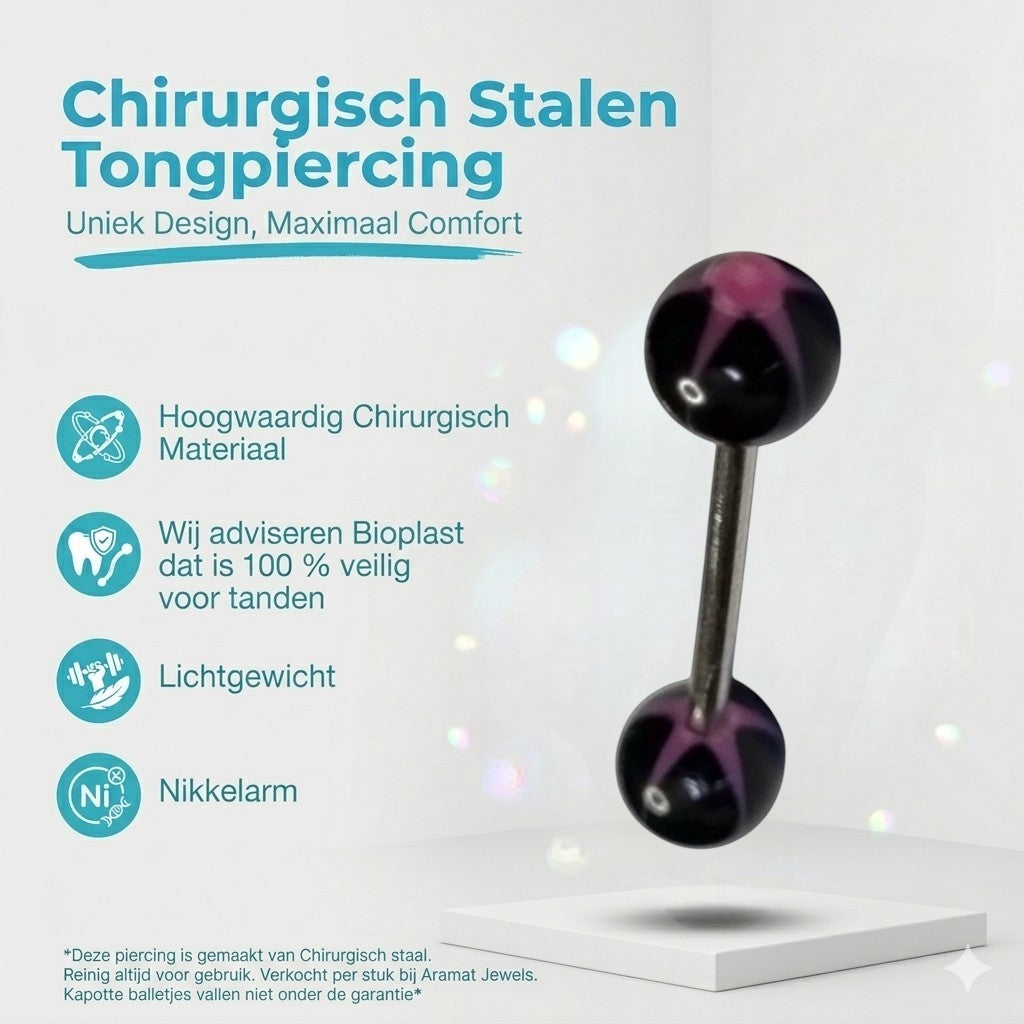 Aramat Jewels black acrylic tongue piercing with pink star design on balls.