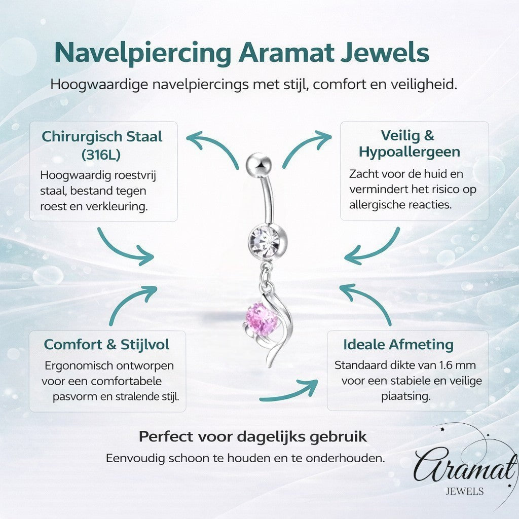 Aramat Jewels silver-tone surgical steel belly button piercing with a clear and pink cubic zirconia drop.
