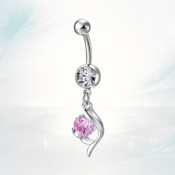 Aramat Jewels silver-tone surgical steel belly button piercing with a clear and pink cubic zirconia drop.
