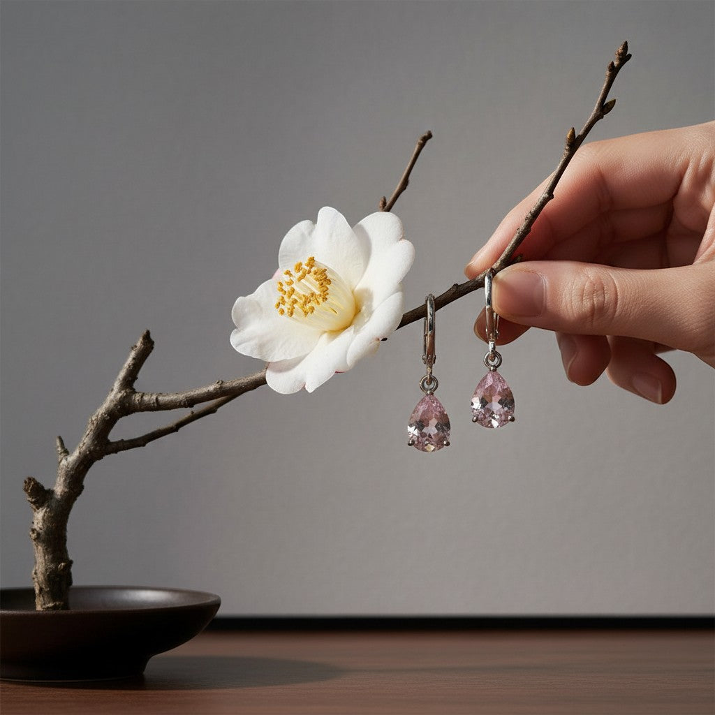 Aramat Jewels silver-tone mini hoop earrings with pear-cut pink zirconia drops, held by a hand on a branch with a white flower.