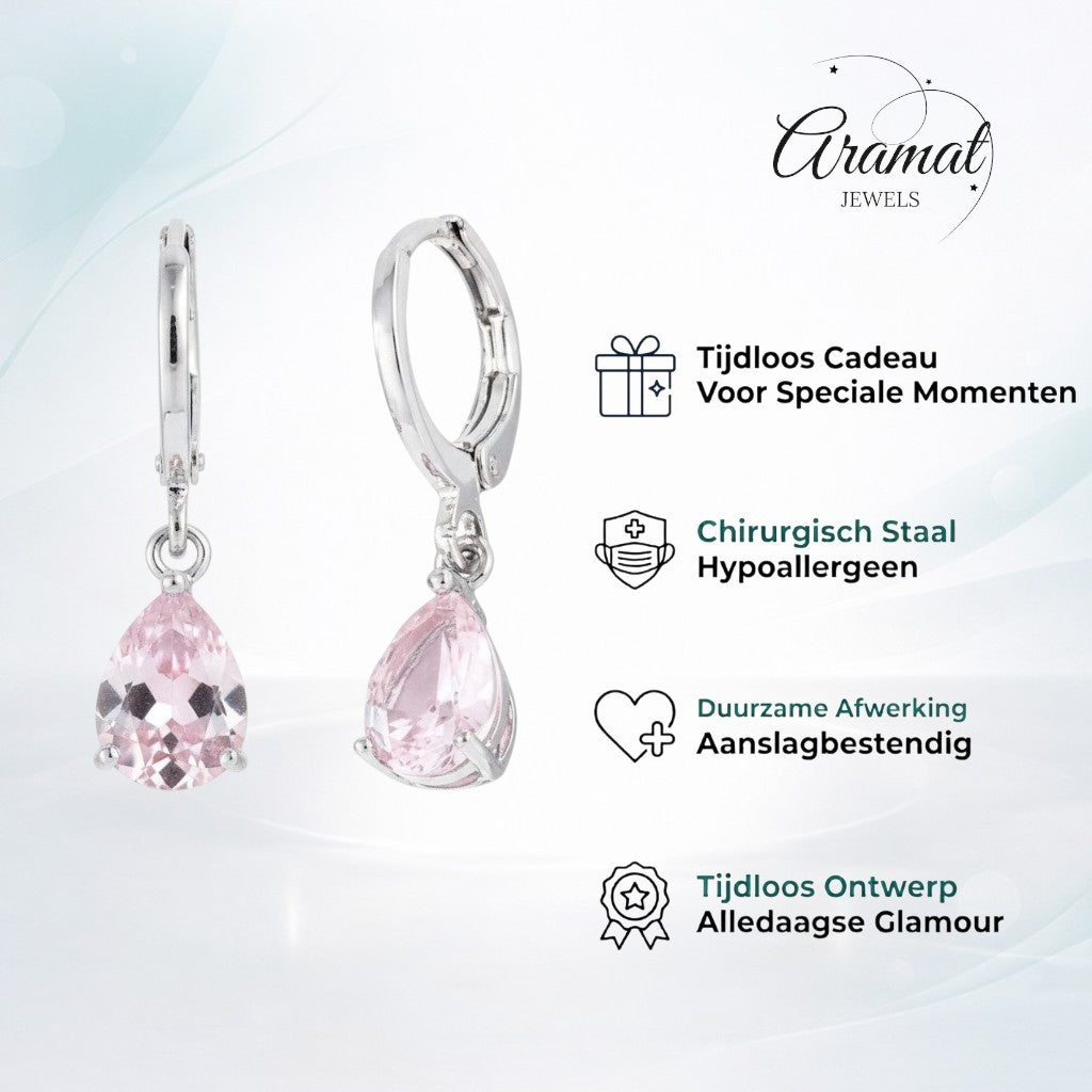 Aramat Jewels silver-tone mini hoop earrings with dangling pink pear-cut zirconia stones, 10mm diameter.
