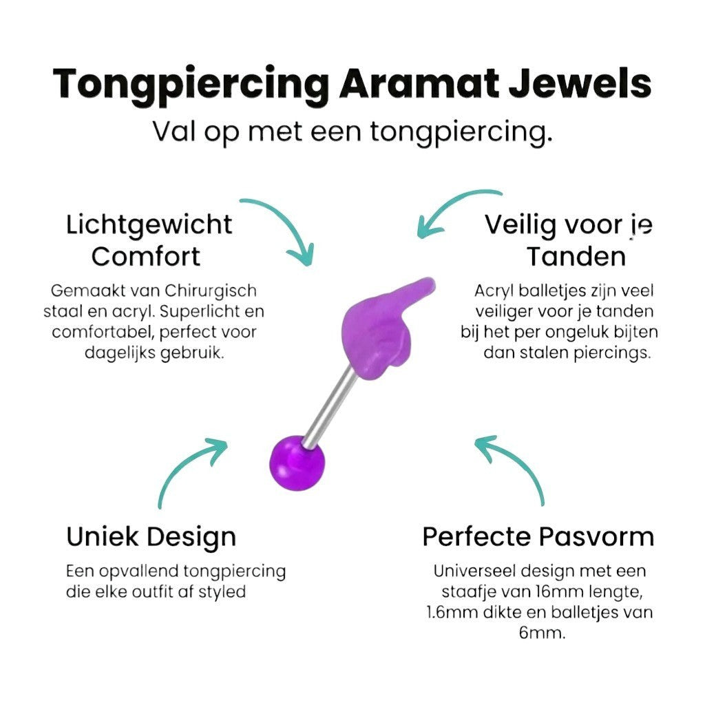 Aramat Jewels purple middle finger tongue piercing with silver barbell. Made of steel, rubber, and acrylic.