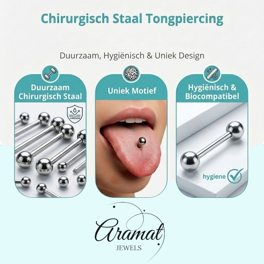 Aramat Jewels purple pearl steel tongue piercing with a 1.6mm gauge and 16mm bar length.