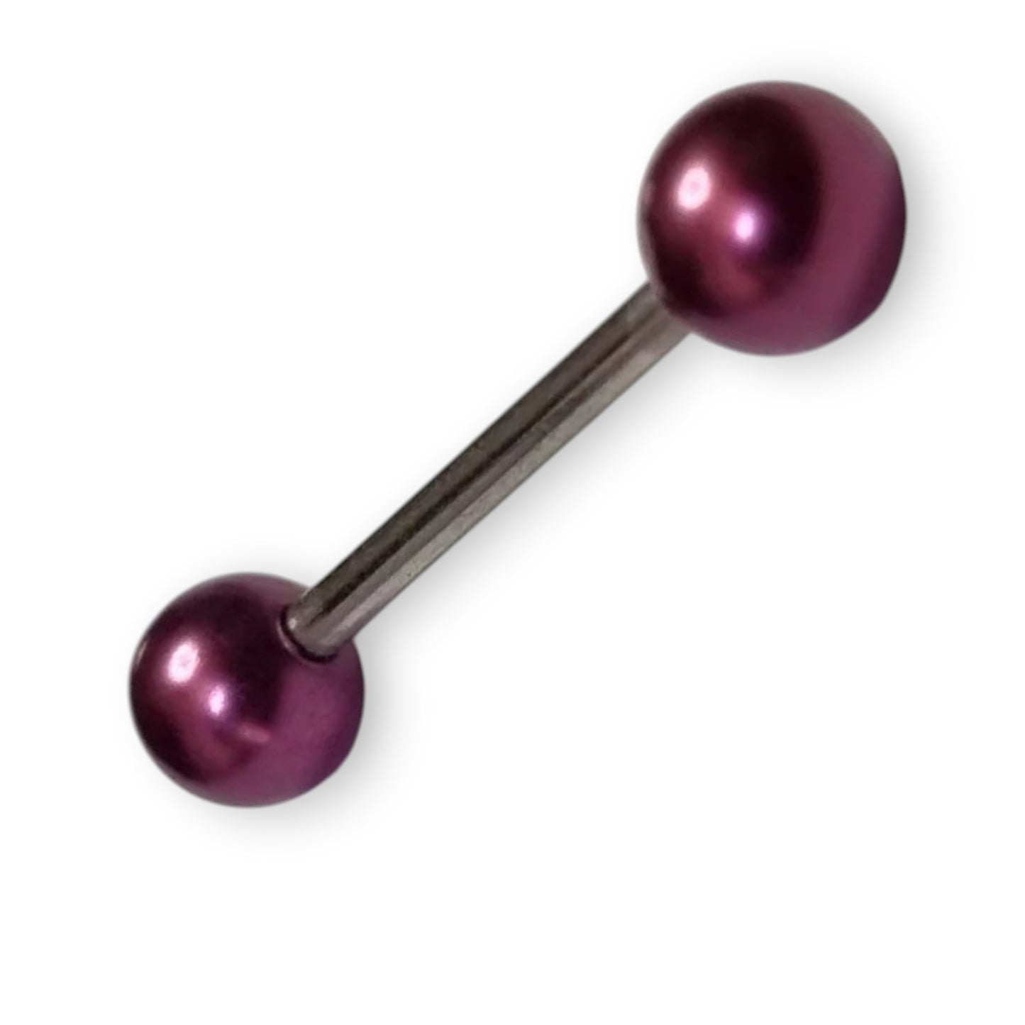 Aramat Jewels purple pearl steel tongue piercing with silver bar and 6mm balls.