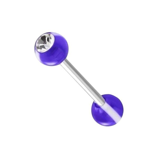 Aramat Jewels purple steel tongue piercing with clear crystal and white stripe detail on the balls.