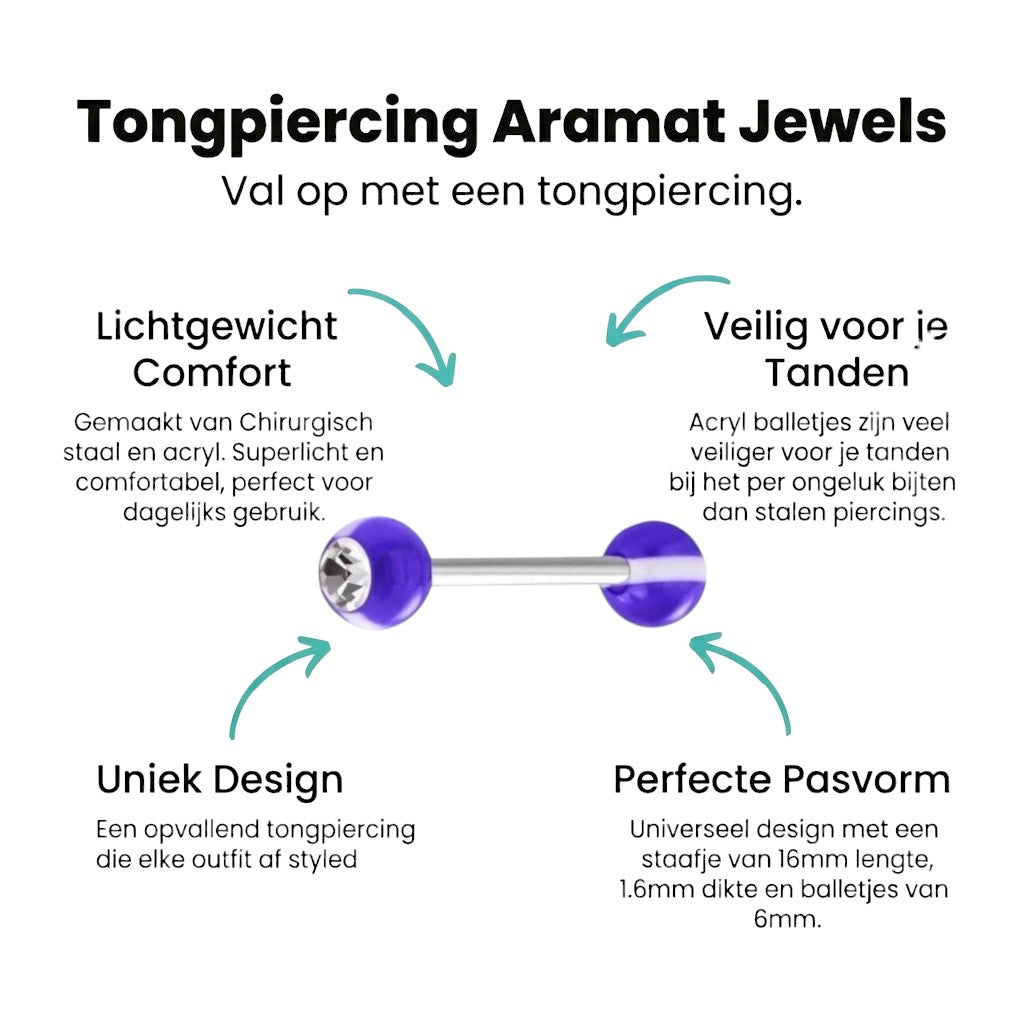 Aramat Jewels purple steel tongue piercing with a clear crystal and white accents on the balls.