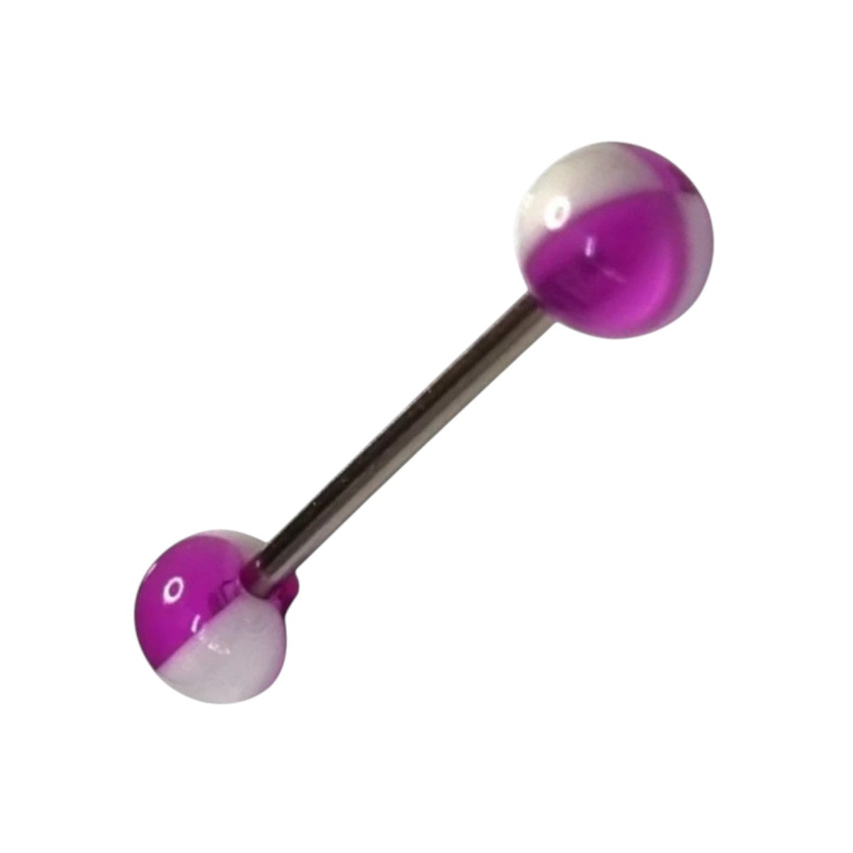 Aramat Jewels steel tongue piercing with purple and white acrylic balls. Features a 6mm ball size and 16mm bar.