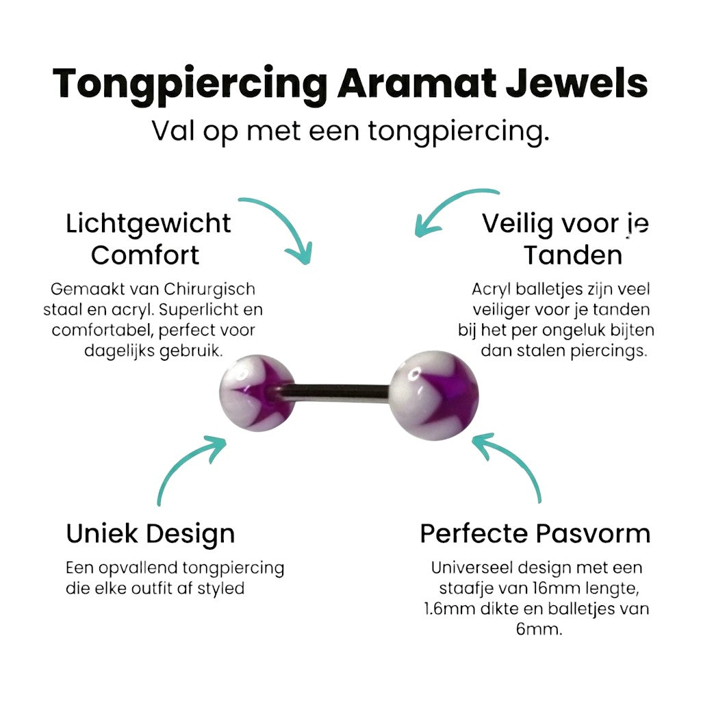 Aramat Jewels steel tongue piercing with purple and white acrylic star ends. 16mm bar, 6mm balls.