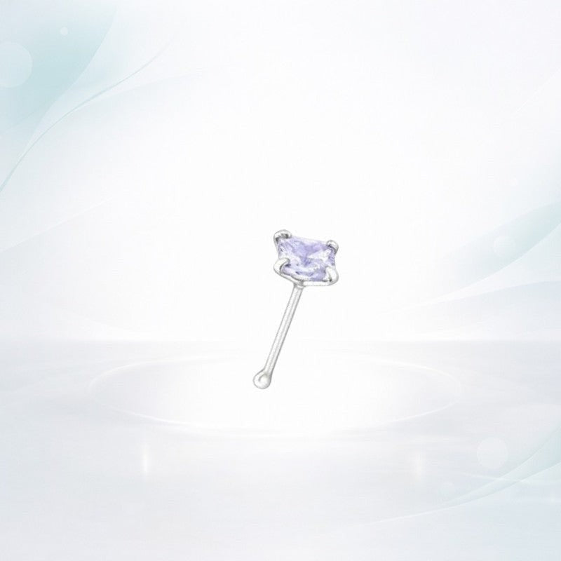 Aramat Jewels sterling silver nose stud with a 3mm square purple zirconia stone.