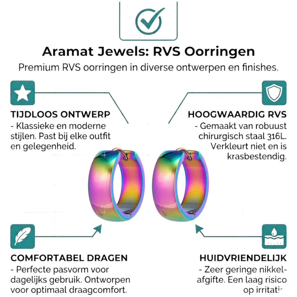 Aramat Jewels unisex rainbow-colored stainless steel huggie hoop earrings, 20mm diameter, smooth and shiny finish.