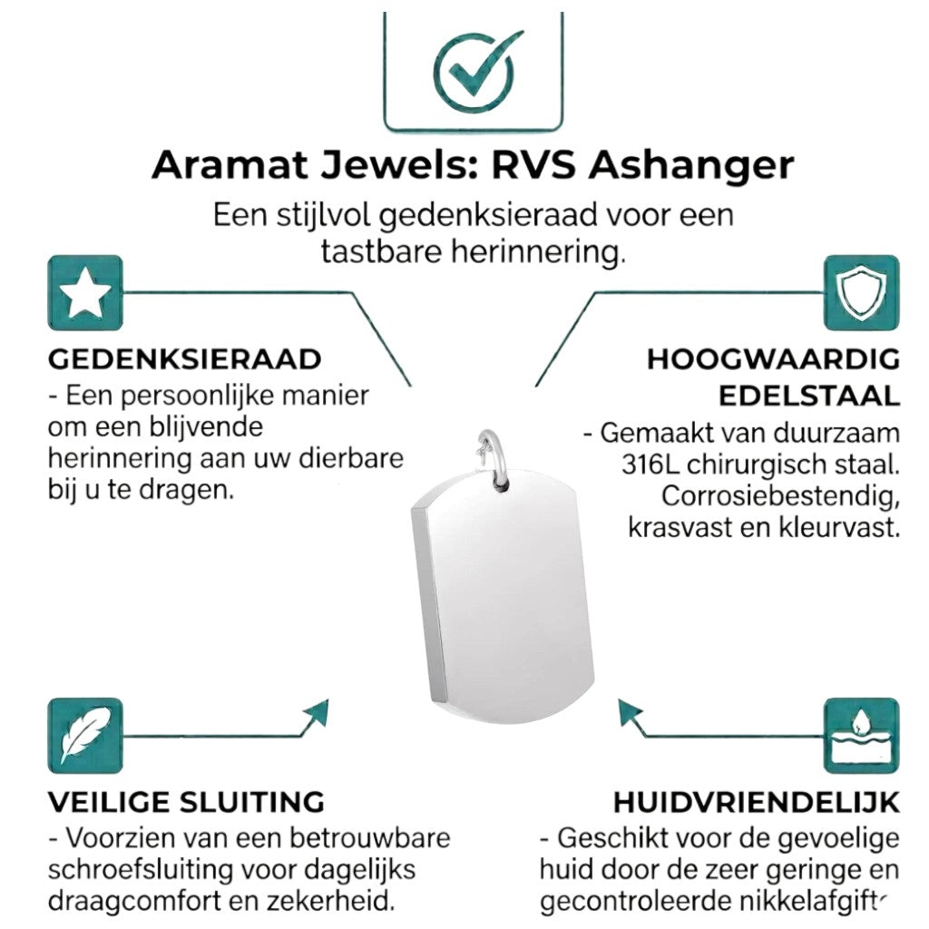 Aramat Jewels rechthoekige ashanger van zilverkleurig RVS, 30x18mm, waterbestendig gedenksieraad zonder ketting.