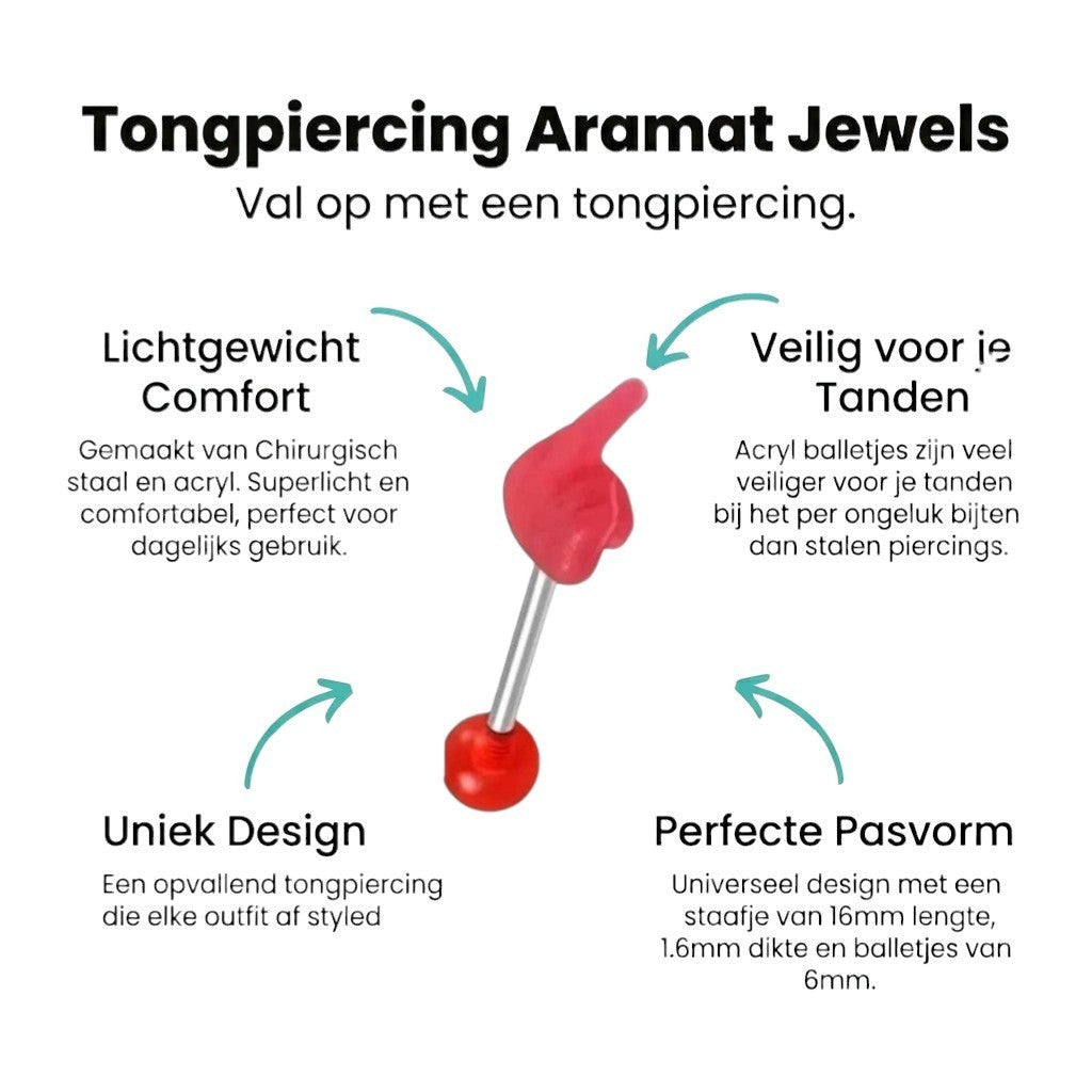 Aramat Jewels red middle finger tongue piercing with silver bar and red ball end. Made from steel, rubber, and acrylic.