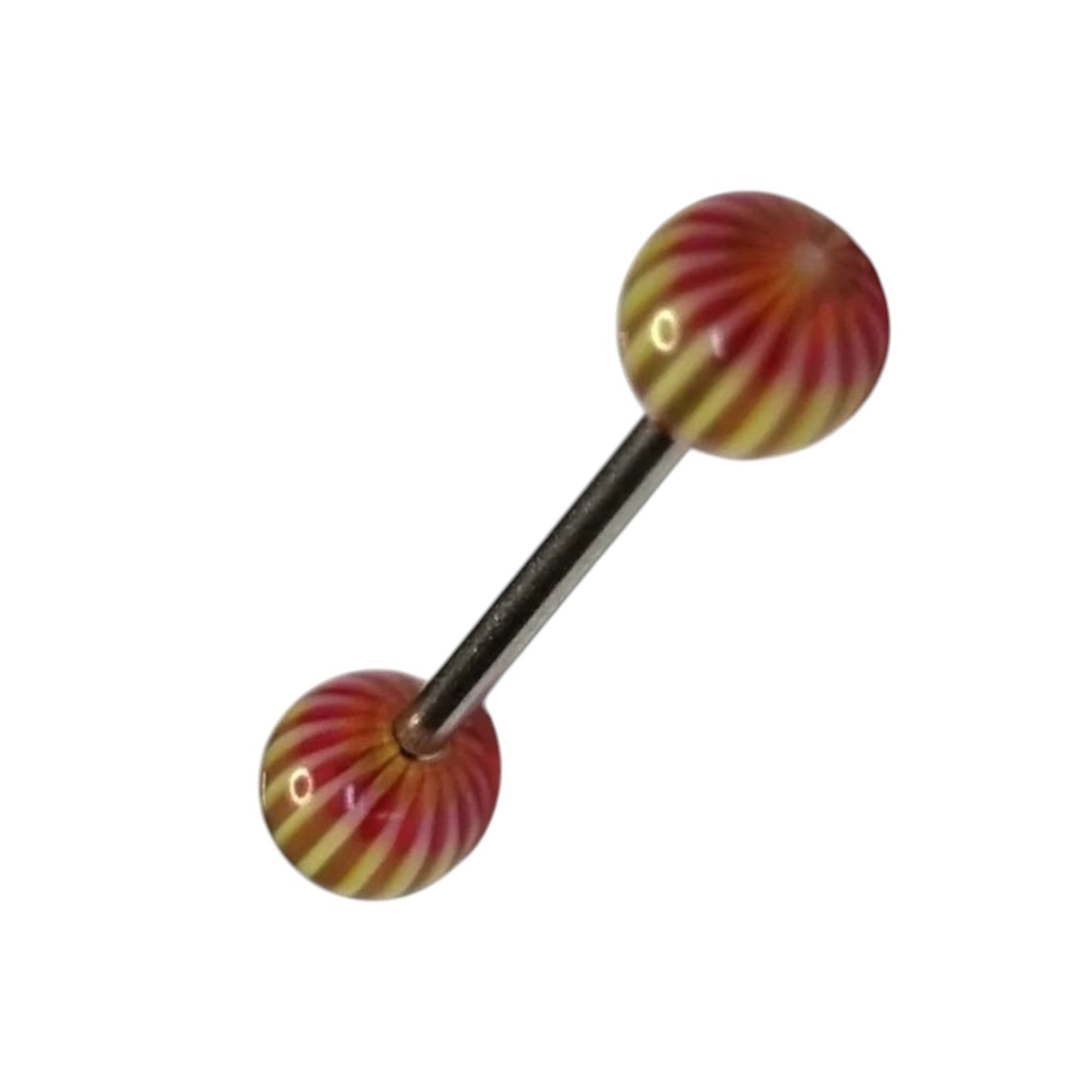 Aramat Jewels tongue piercing with red and yellow striped acrylic balls and a steel bar.