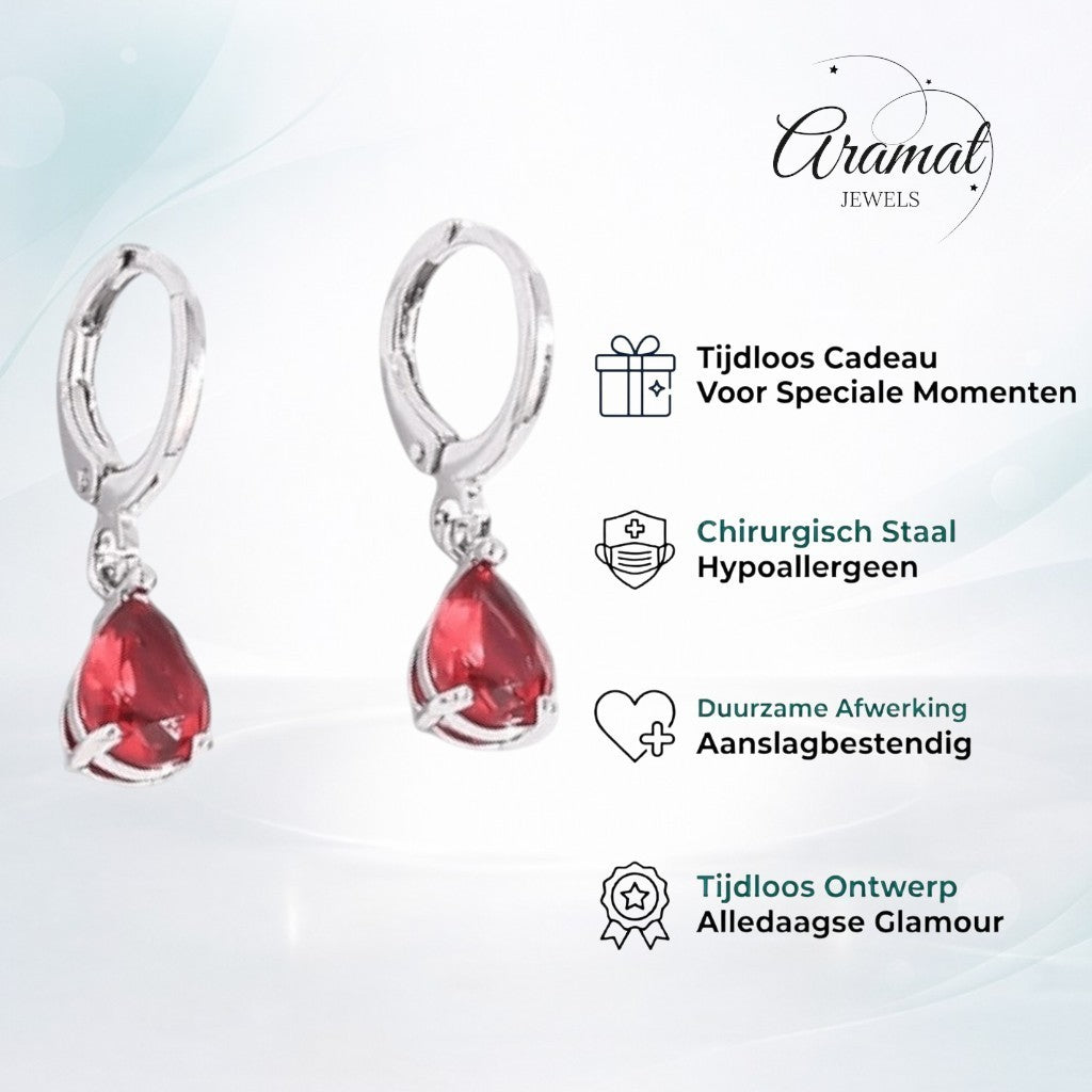 Aramat Jewels mini silver hoop earrings with red teardrop zirconia charms for girls.