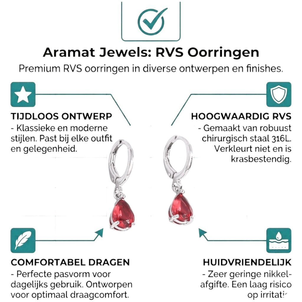 Aramat Jewels mini silver hoop earrings with red teardrop zirconia charms, perfect for girls.