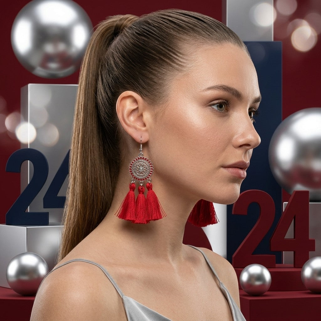 Aramat Jewels zomerse boho oorhangers met rode kwastjes en zilverkleurig metaal