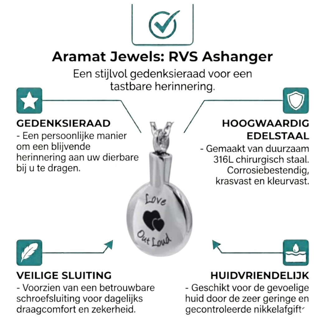 Aramat Jewels zilverkleurige ronde ashanger met gravure 'love out loud' en twee hartjes, gemaakt van roestvrij staal.