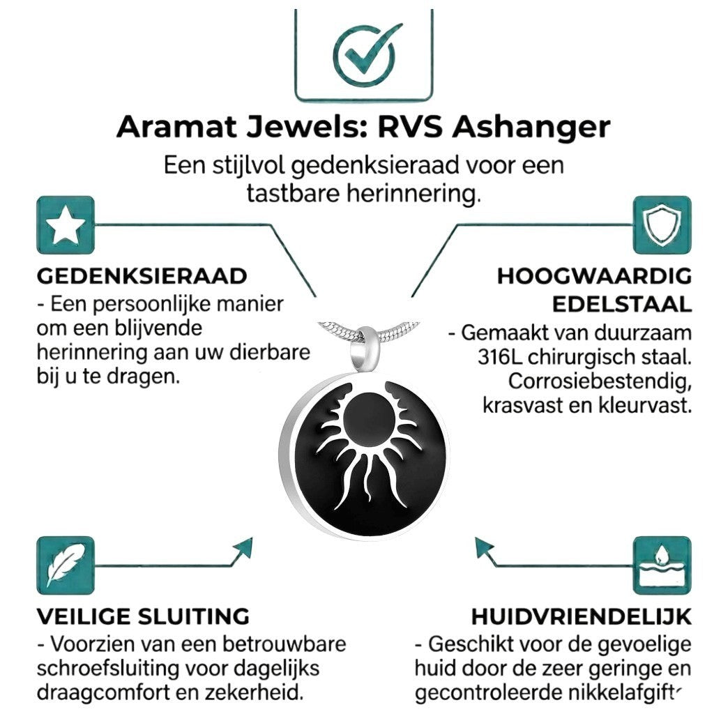 Aramat Jewels ronde ashanger met tribal design in zwart emaille en RVS. Gedenksieraad met schroefsluiting.