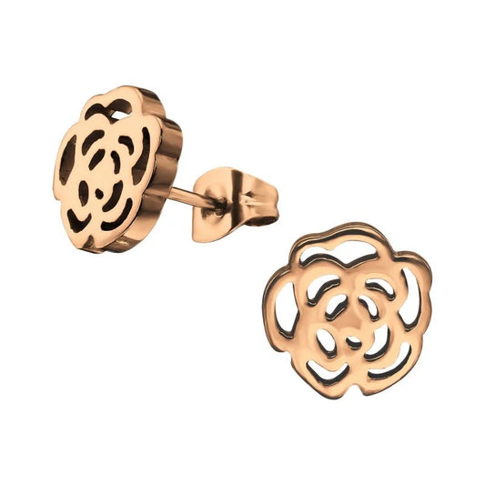 Aramat Jewels rose-shaped stud earrings in rose gold stainless steel with an elegant open-cut floral design.
