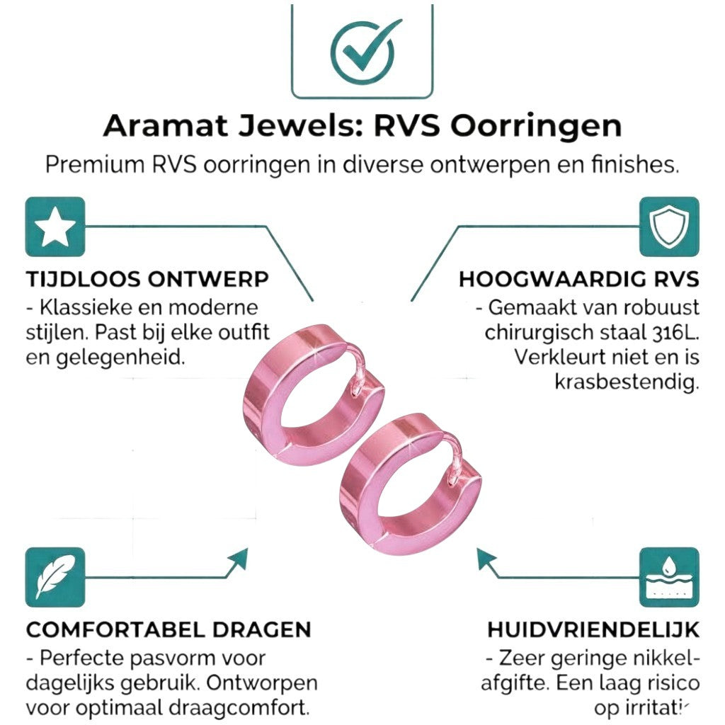 Aramat Jewels rose gold stainless steel hoop earrings, 14mm diameter, with a shiny finish.