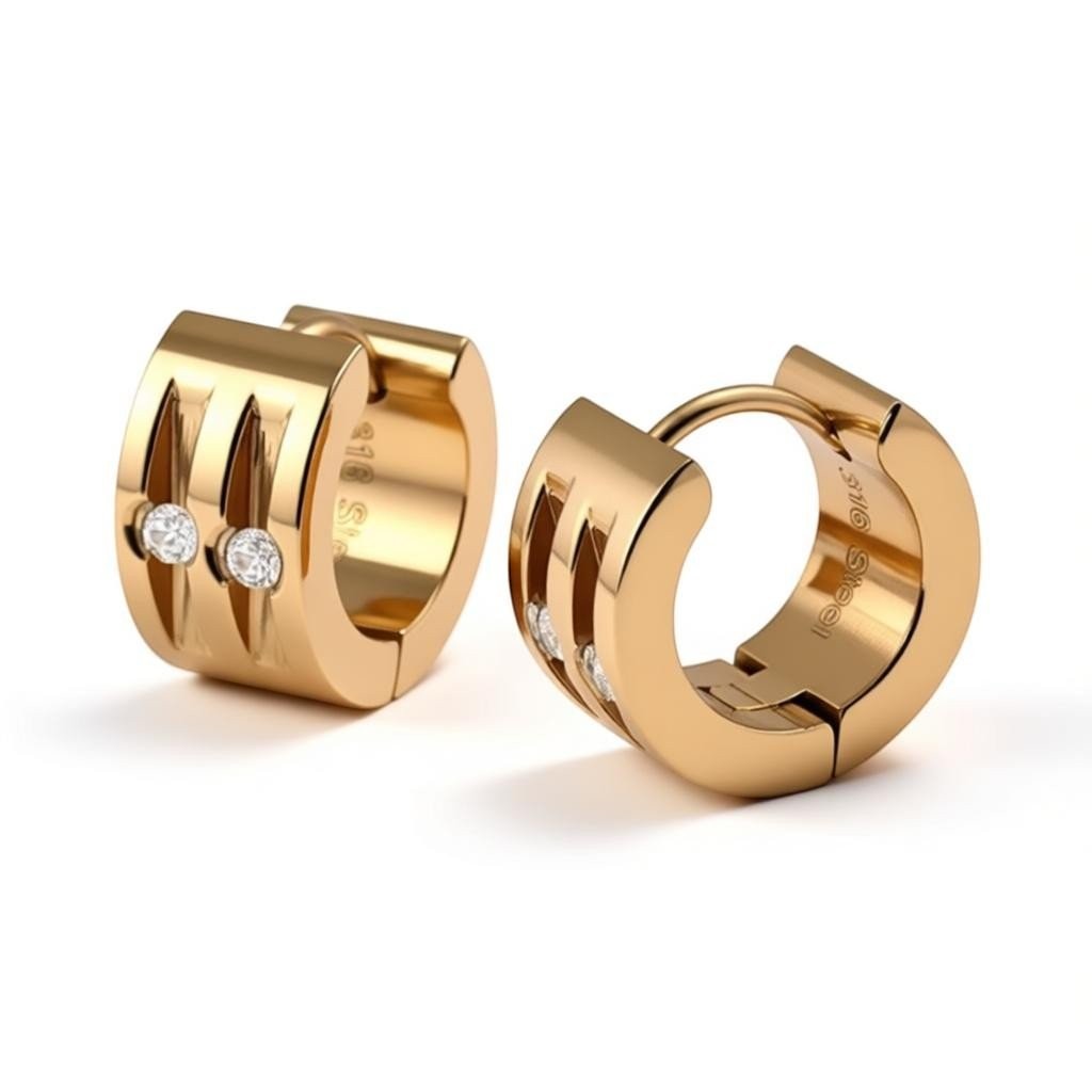 Aramat Jewels rose gold huggie hoop earrings with two clear cubic zirconia stones and a cut-out design.