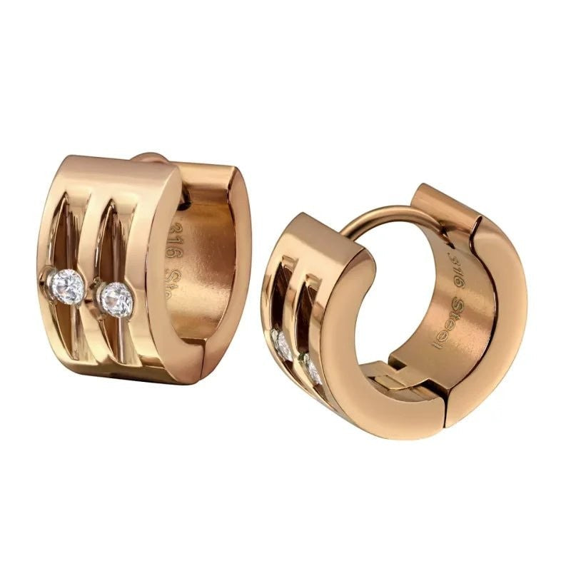 Aramat Jewels rose gold huggie hoop earrings with two clear cubic zirconia stones on each.