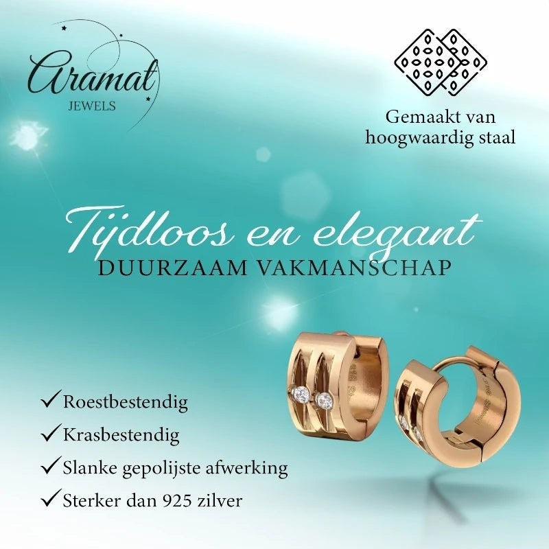 Aramat Jewels rose gold stainless steel huggie hoop earrings with two clear cubic zirconia stones, 13mm diameter.