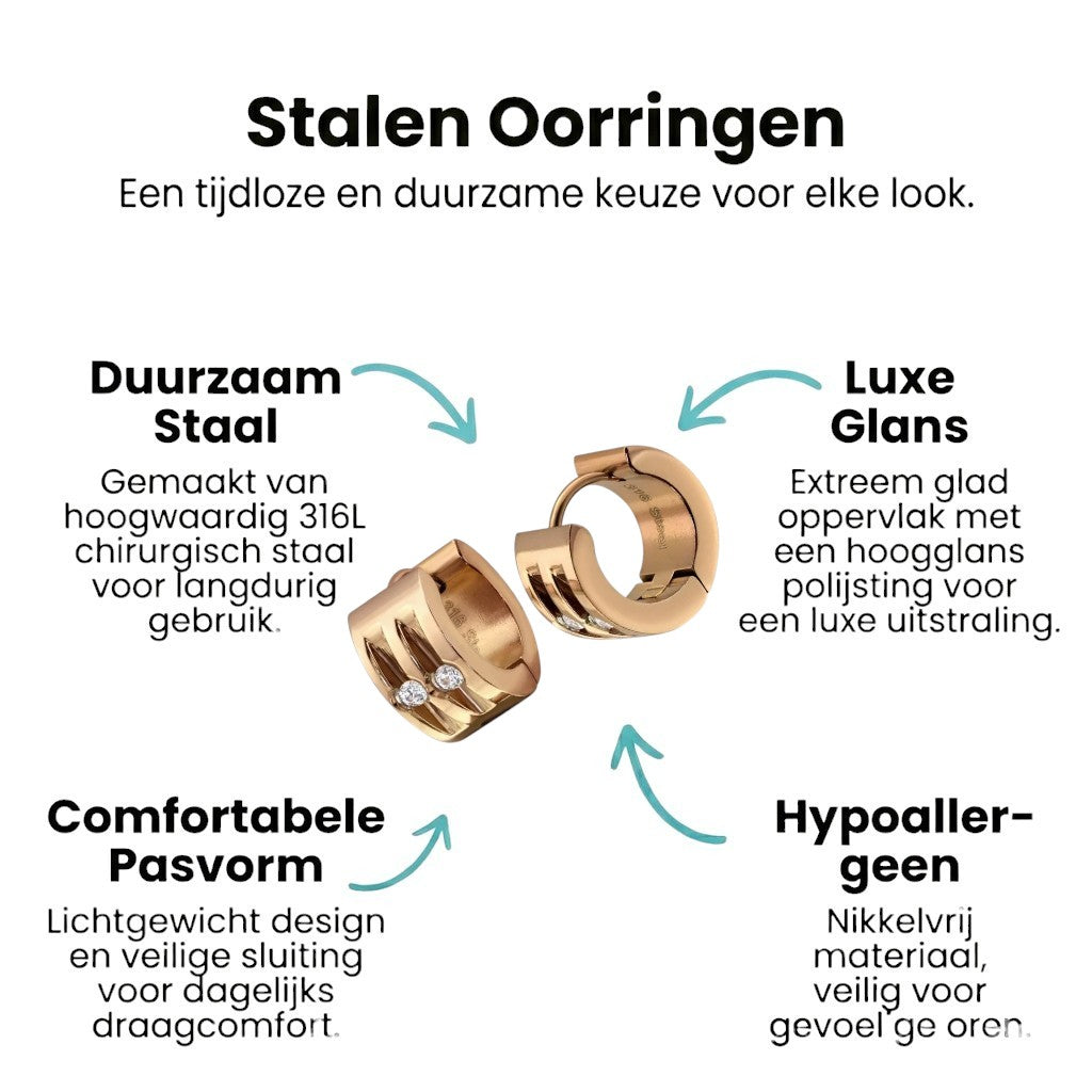 Aramat Jewels rose gold stainless steel huggie hoop earrings with two clear cubic zirconia stones each.