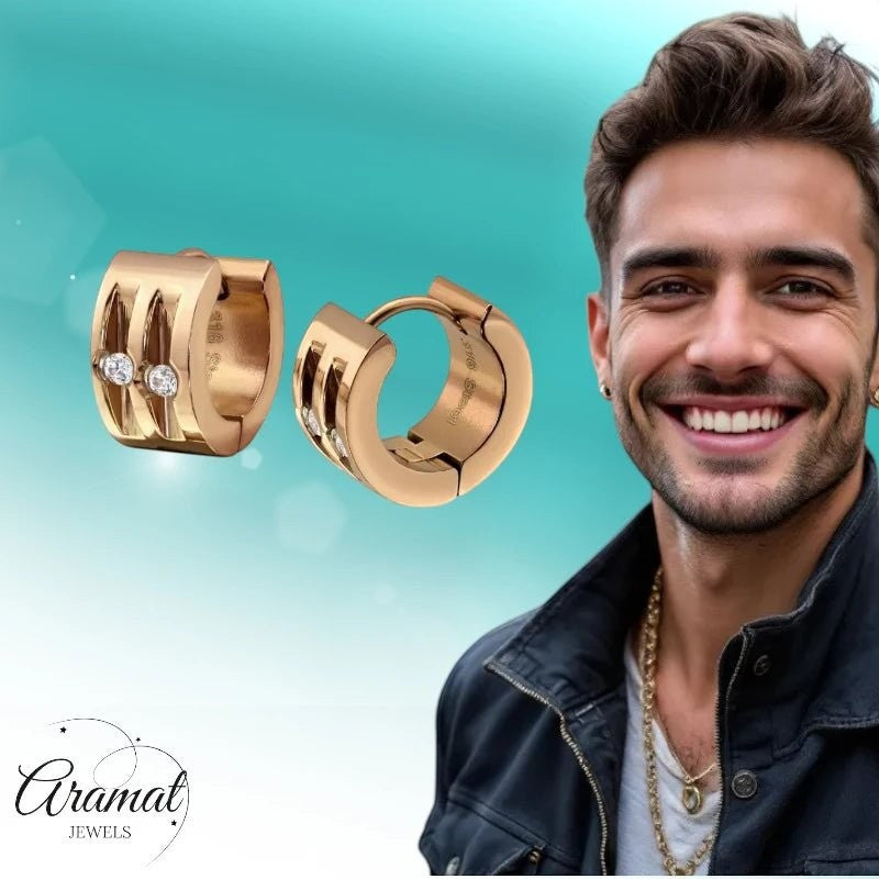 Aramat Jewels rose gold stainless steel huggie earrings with two clear cubic zirconia stones, 13mm diameter.