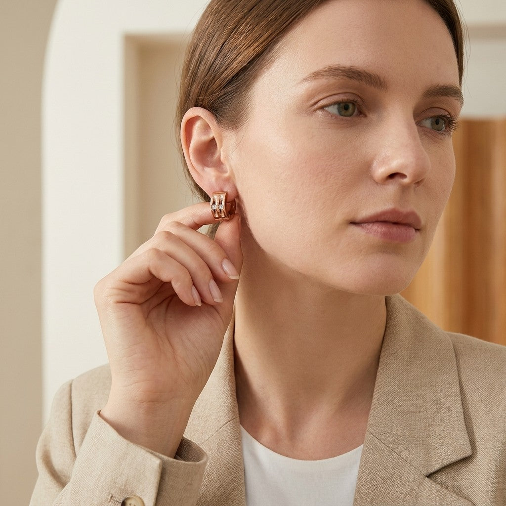 Aramat Jewels rose gold huggie earrings with two clear cubic zirconia stones, 13mm diameter.