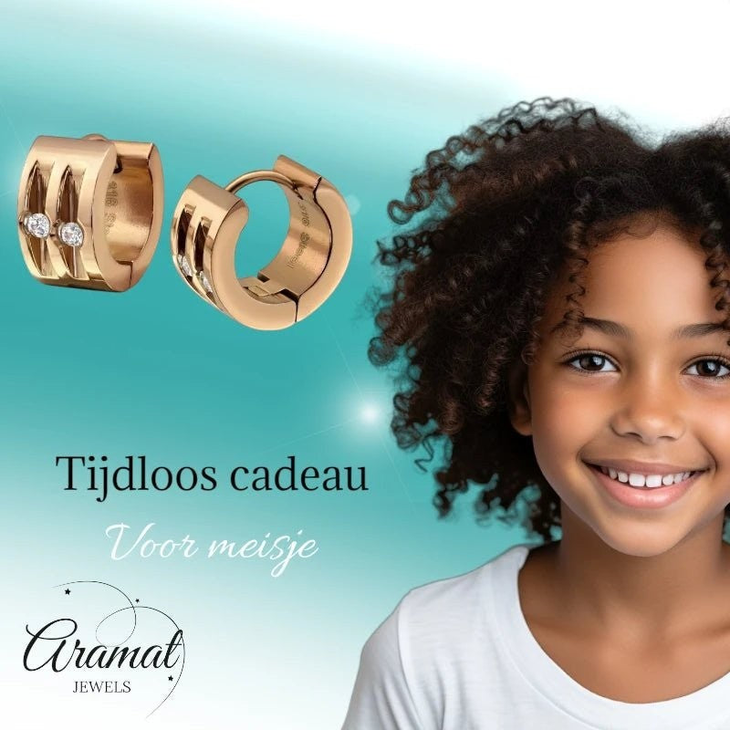 Aramat Jewels rose gold huggie earrings with two clear cubic zirconia stones, 13mm diameter.