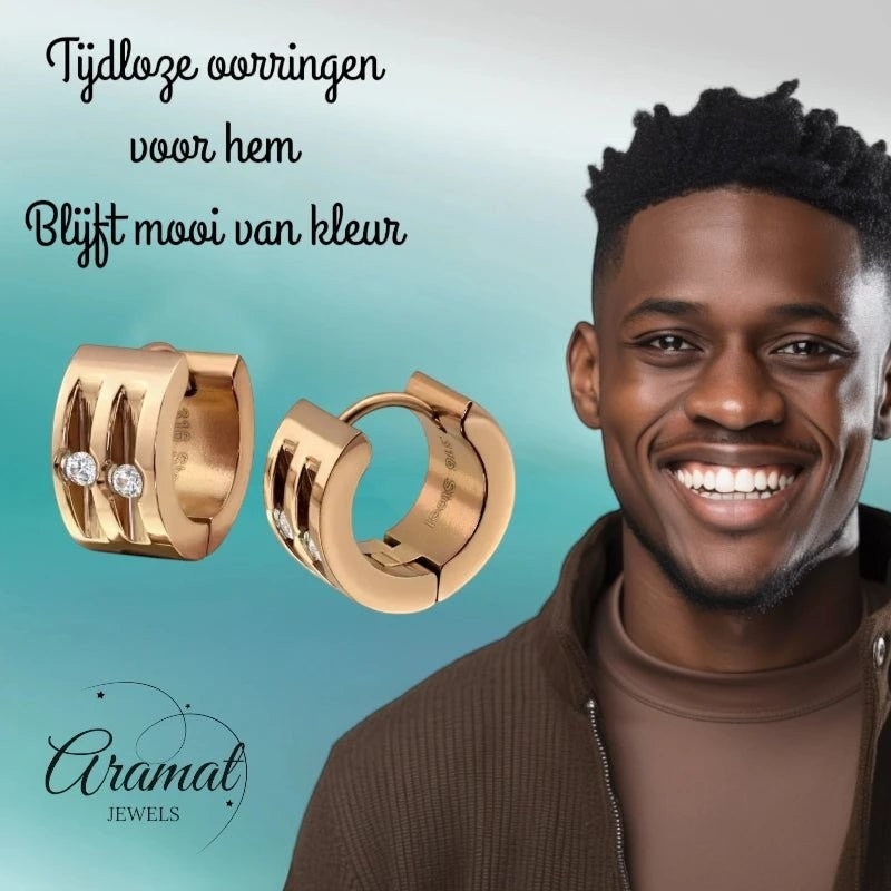 Aramat Jewels rose gold stainless steel huggie earrings with two clear cubic zirconia stones, 13mm diameter.