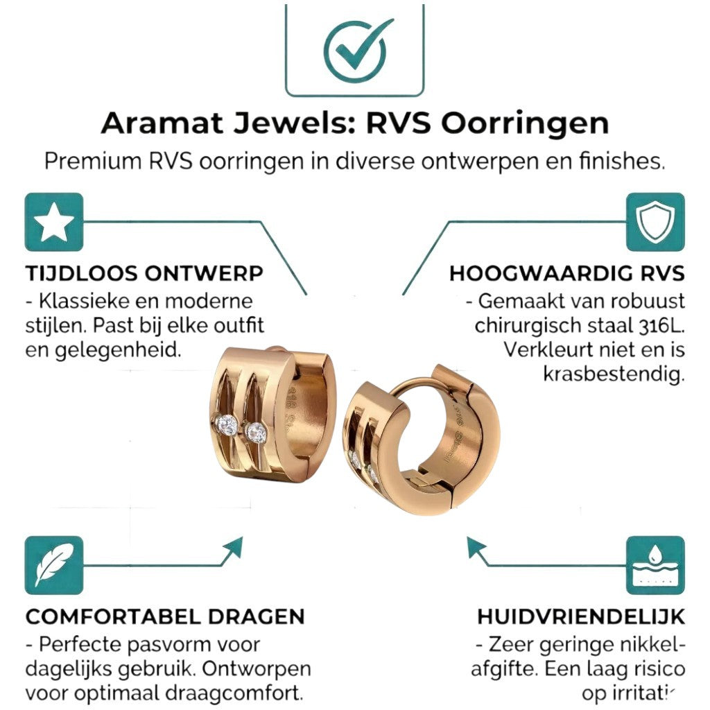 Aramat Jewels rose gold stainless steel huggie hoop earrings with two clear cubic zirconia stones on each.
