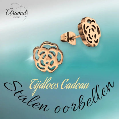 Aramat Jewels rose-shaped stainless steel stud earrings with an open-cut design in a warm rose gold finish.