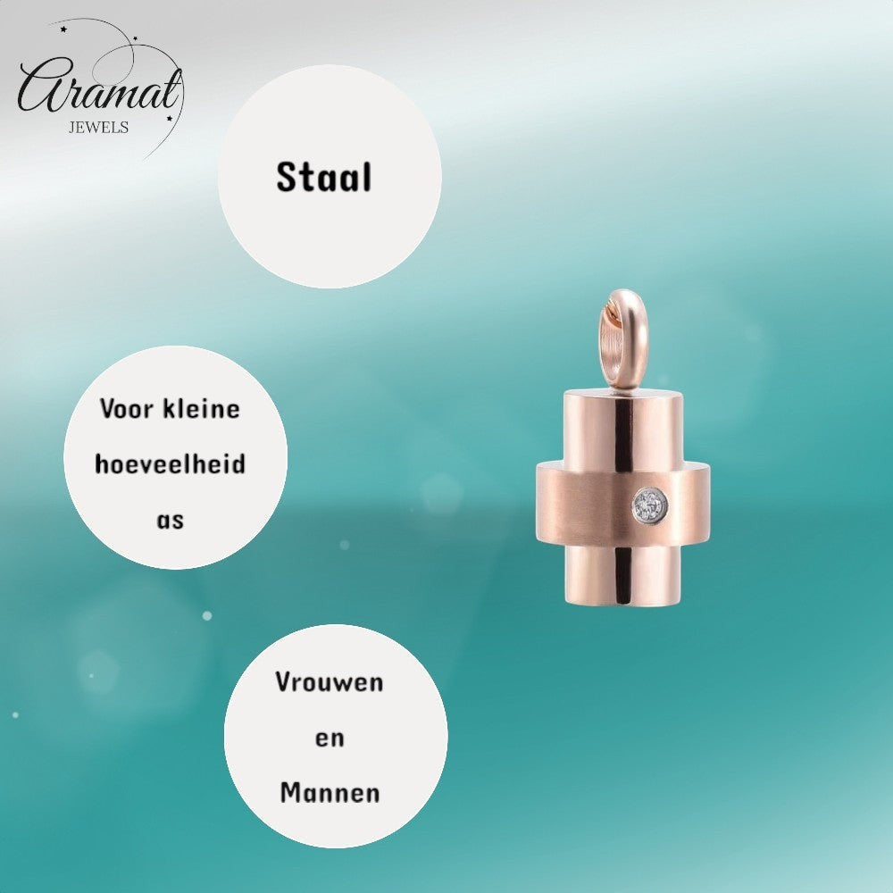 Aramat Jewels® moderne rosegouden stalen ashanger met een klein kristal en schroefsluiting.