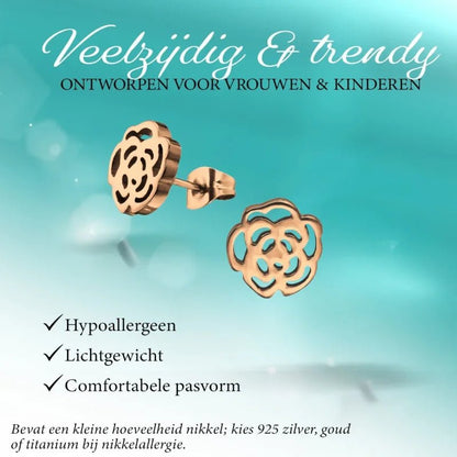 Aramat Jewels rose-shaped stud earrings in rose gold stainless steel with an elegant open-cut floral design.