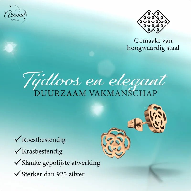 Aramat Jewels rose-shaped stainless steel stud earrings with an elegant open-cut design in a polished finish.