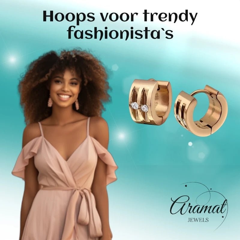 Aramat Jewels rose gold huggie hoop earrings with two clear cubic zirconia stones, 13mm diameter.