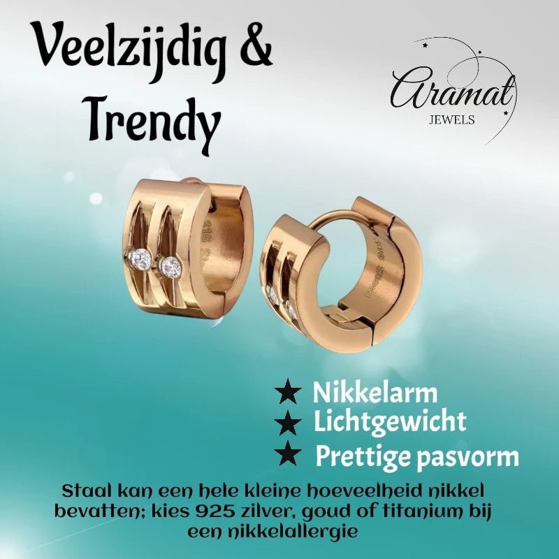 Aramat Jewels rose gold coloured stainless steel huggie hoop earrings with two clear cubic zirconia stones, 13mm diameter.