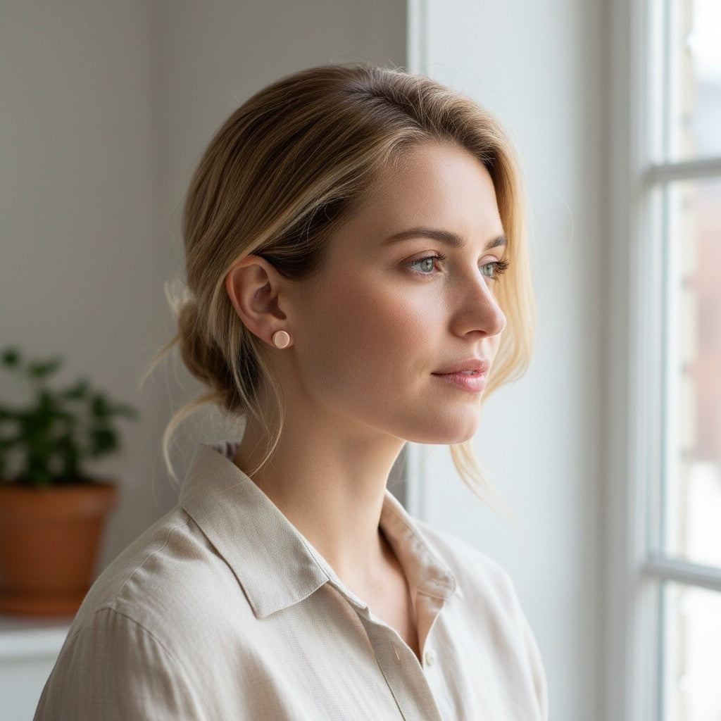 Aramat Jewels rosékleurige ronde oorstekers van 8mm van roestvrij staal, gedragen door een vrouw met blond haar.