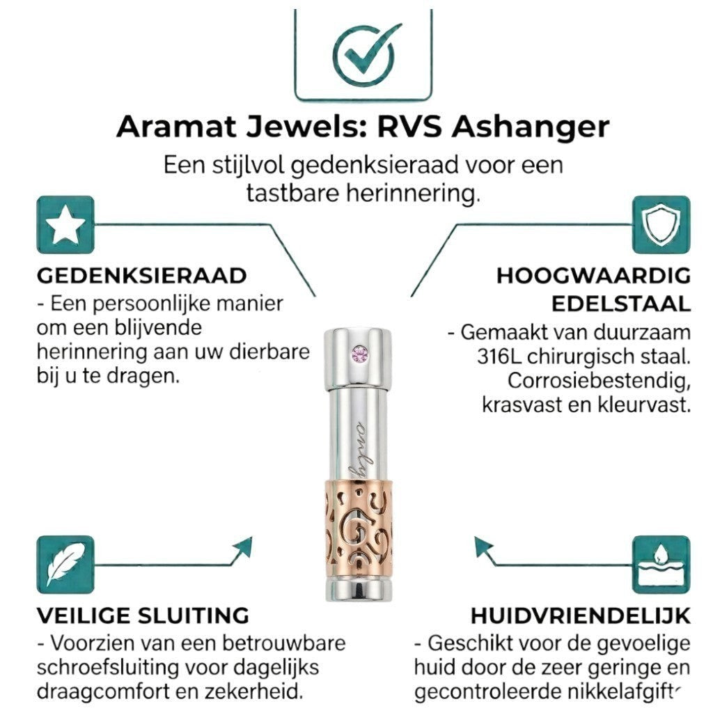 Aramat Jewels rosékleurige stalen ashanger met 'Only Love' tekst en roze steentje