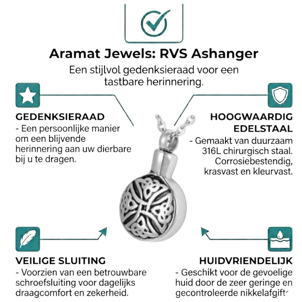 Aramat Jewels silver-tone round steel cremation urn pendant with black enamel triquetra symbol.
