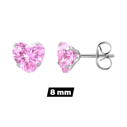 Aramat Jewels hartjes oorknopjes van zilverkleurig RVS met roze zirkonia steentjes in 8 mm formaat