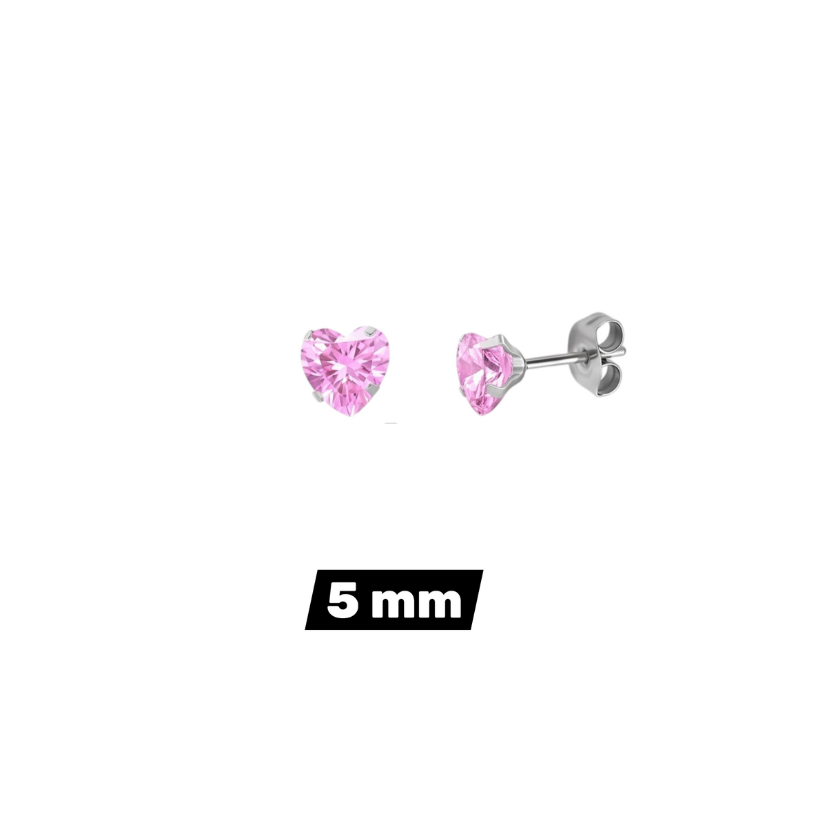 Aramat Jewels hartjes oorstekers van zilverkleurig RVS met roze zirkonia steentjes in 5 mm formaat
