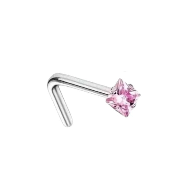 Aramat Jewels roze vierkante zirkonia neuspiercing van chirurgisch staal met een handig L-vormig staafje