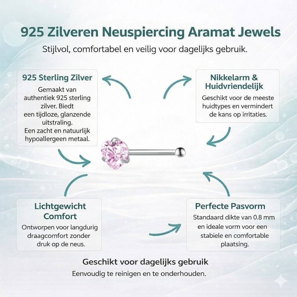 Aramat Jewels neuspiercing met roze hartvormige zirkonia steen in zilverkleurig staal voor een elegante look.