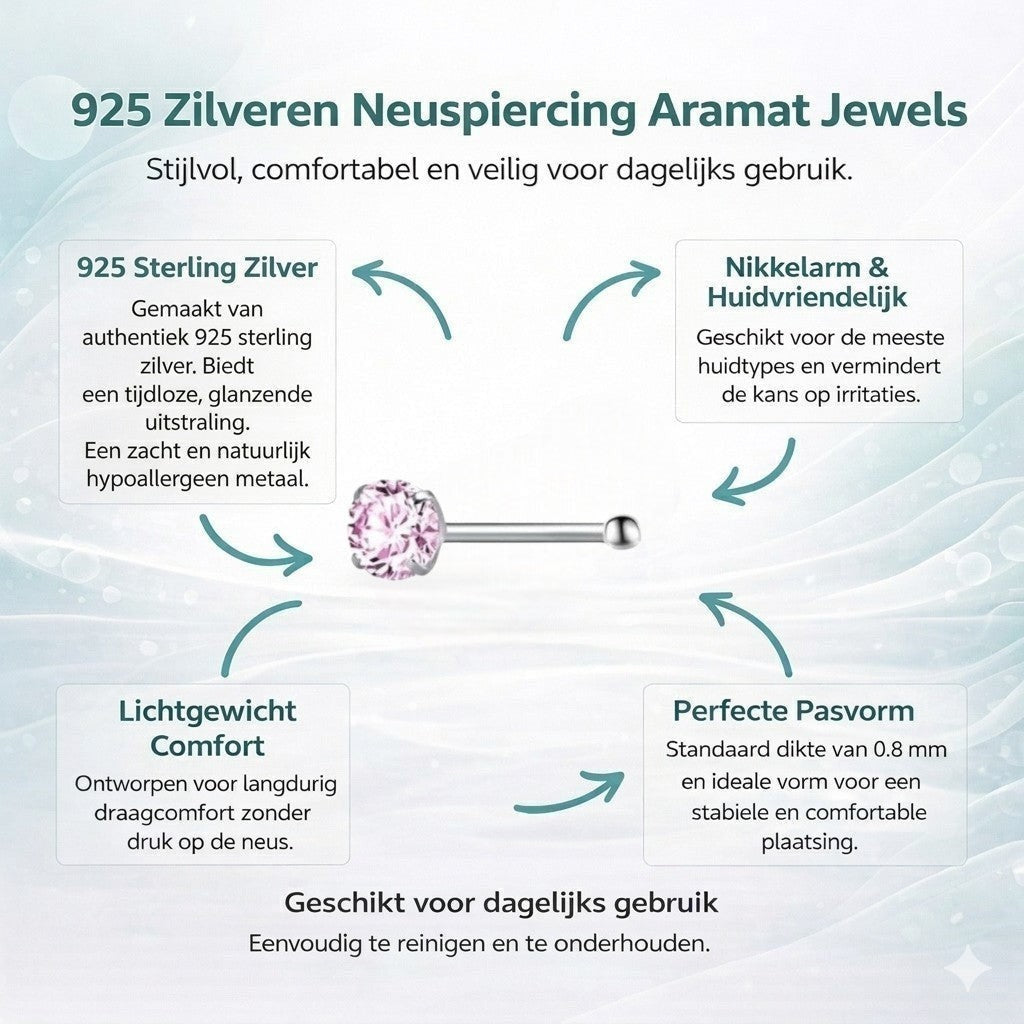 Aramat Jewels neuspiercing met roze zirkonia steen, zilverkleurig staal, recht staafje voor dagelijks comfort.